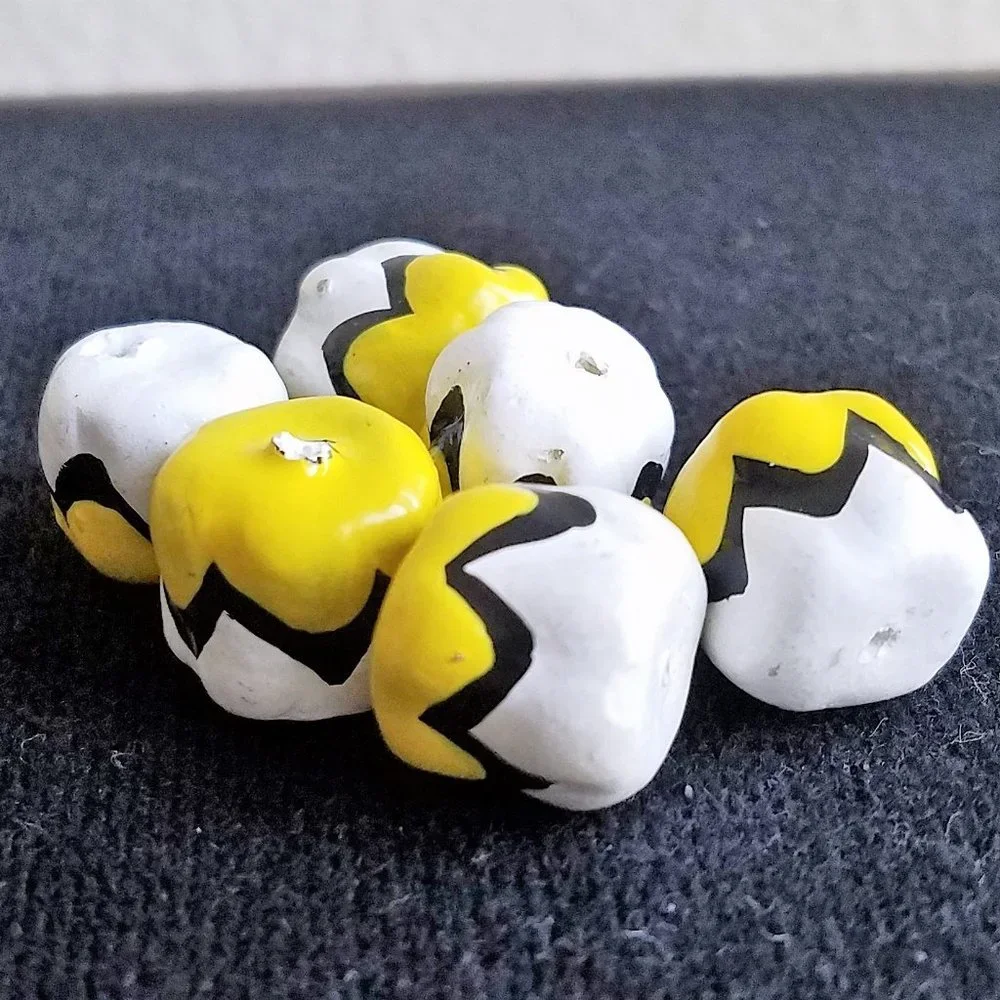 6 handpainted BEADS yellow white black papier mache lot last set!
